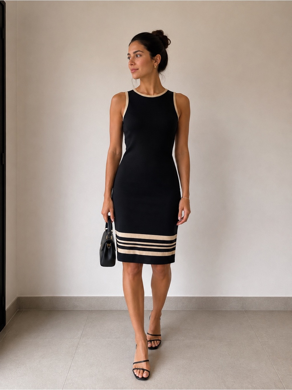French Curve Sleeveless Black Midi knit Dress with Cream Stripe Details Small